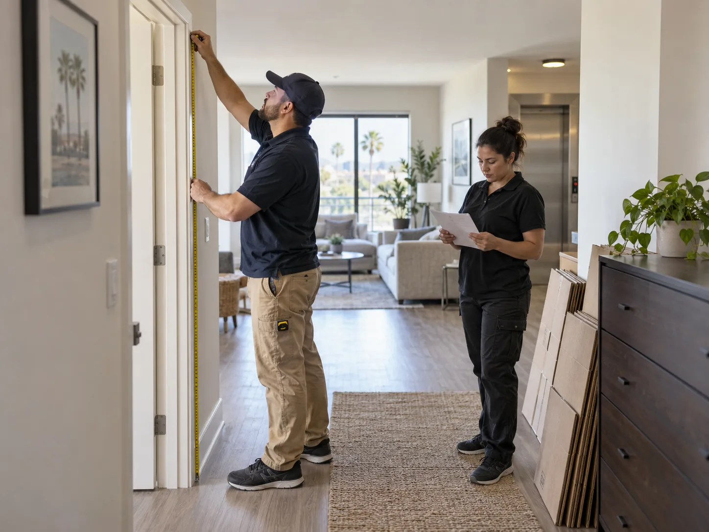 Cleanout professionals measuring apartment access before removal